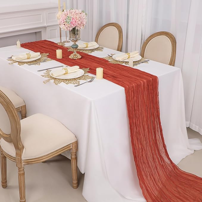 Snowkingdom 6PCS 13Ft Terracotta Cheesecloth Table Runner Bulk, 160inch Long Rust Cheese Cloth Boho Gauze Runner for Wedding Bridal Shower Rustic Sheer Fall Thanksgiving Table Decorations