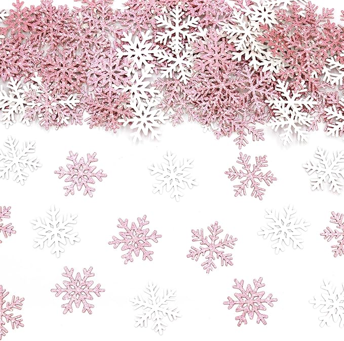 200PC Pink Glitter Snowflake Confetti Winter Onderland Decorations Paper Snowflakes Table Scatter for Winter Wonderland Birthday Baby Shower Party Decor