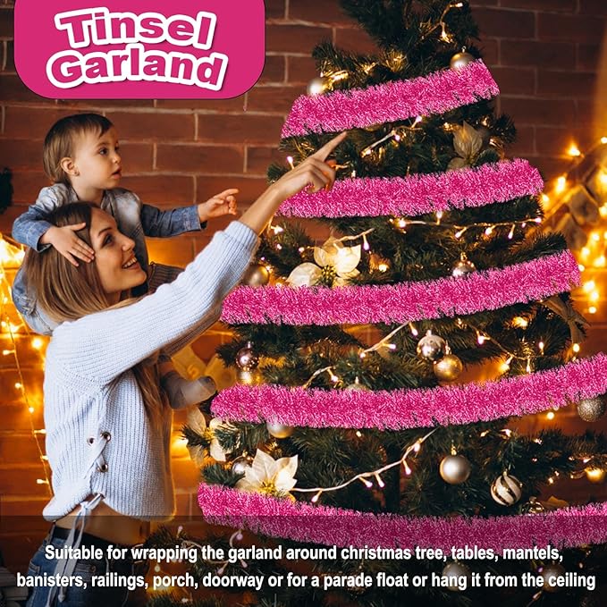 50 Feet Christmas Foil Fringe Banner Metallic Tassle Garland Metallic Backdrop Parade Floats Shiny Hanging Ceiling, Valentine's, Wedding, New Year Party Decorations(2" x 50', Pink)