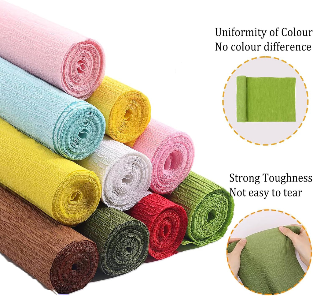 24 Colors Crepe Paper Rolls, 10 x 98 Inch Wide Crepe Paper Sheets with 100 Pcs Green Floral Iron Wire, Floral Band, Double-Sided Tape, and Scissors for Birthday Parties Weddings Festival Decoration