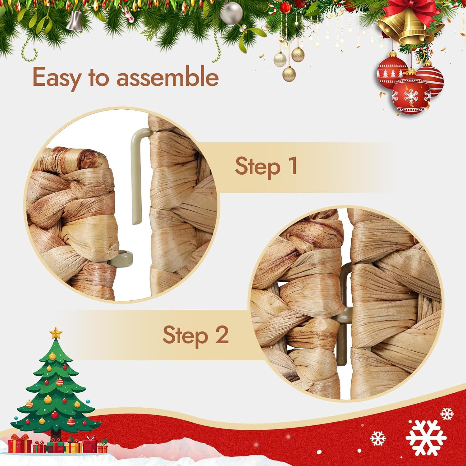 YANGQIHOME 24in Christmas Tree Collar, Rattan Tree Skirt, Woven Water Hyacinth Tree Base Cover for Home Decoration with Cord Cut-Out