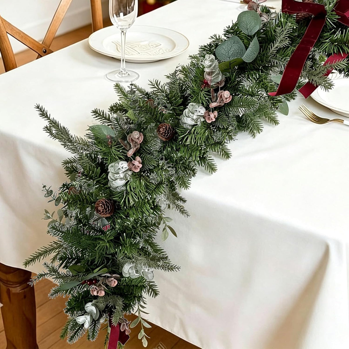 wanna-cul 6ft christmas garland with lights burgundy ribbon, close-up detail