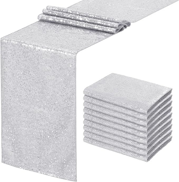 Silver Sequin Table Runners 10 Packs 12x108 Inches Holiday Celebration Sparkly Table Runners for Birthday Party Supplies Decorations