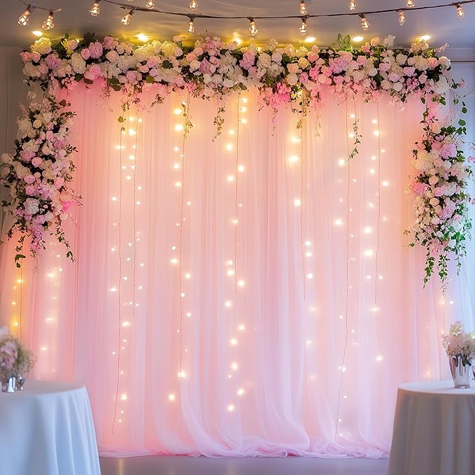Fomcet Pink Tulle Backdrop Curtains with Lights String 10FT X 10FT Sheer Curtain with Lights Tulle Curtains Backdrop for Wedding Birthday Party Photo Shoot (2 Panels 5x10FT)