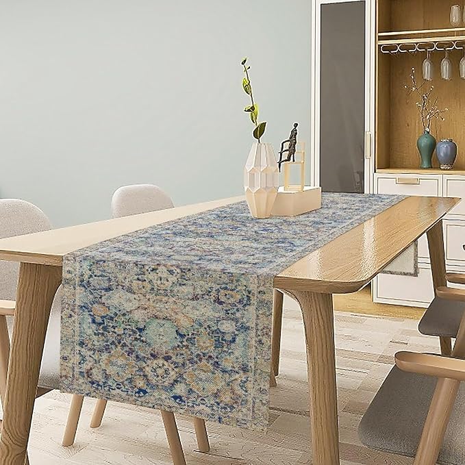 Vintage Boho Floral Table Runner, Rustic Country Farmhouse Blue Yellow Retro Flower Pattern for Home Kitchen Table Decor Dining Coffee Room Party Decor 13x36in