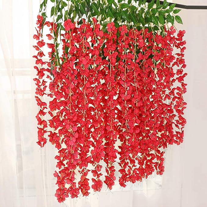 12 Pack Red Wisteria Hanging Flowers Garland, 3.77 Feet Artificial Flower Vines, Fake Wisteria, Artificial Vines Hanging Garland for Backdrop Outdoor Yard Garden Decor
