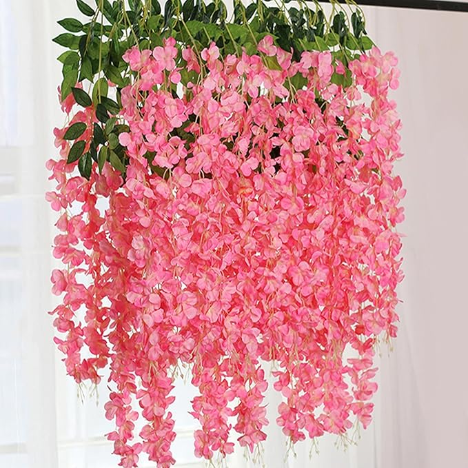 24 Pack Dark Pink Wisteria Hanging Flowers Garland, 3.77 Feet Artificial Flower Vines, Fake Wisteria, Artificial Vines Hanging Garland for Backdrop Outdoor Yard Garden Decor