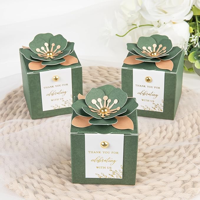 FEIYI 20 PCS Favor Boxes, 3 In 1 Olive Green Candy Boxes with Floral Decor, White Thank You Tags Gold Foil Print Gift wrapping for Wedding, Baby Shower, Birthday, Decorations Party - 2.55x2.55x2.55