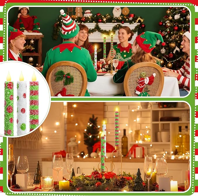 Baquler 6 Pcs Christmas Flameless Taper Candles 10.6 Inch Elf Theme Candles Battery Operated LED Christmas Candlesticks for Xmas Centerpiece Holiday Party Decor