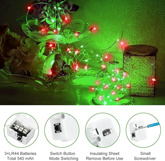 btfarm 12 Pack Fairy Lights Battery Operated [3 Modes], 7ft 20 Led Twinkle Lights String Lights Waterproof Bulk Small Mini Silver Wire for Christmas Mason Jars Wedding Table Centerpiece, Red Green