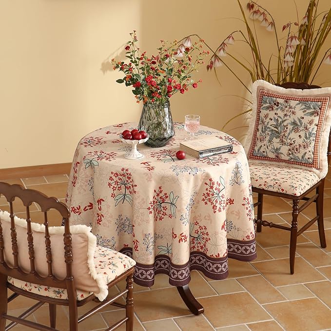 patdrea Designer Linen French Round Table Cloth,Vintage Red Floral Durable Breathable Colorful Dacorative Tablecloth for Kitchen Dining,Christmas,Thanksgiving,Holiday,Diameter 67"-Newmari