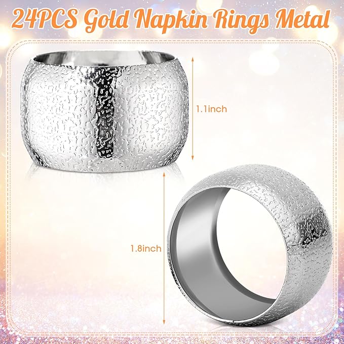 Lallisa 24 Pcs Gold Napkin Rings Metal Napkin Ring Holders for Cloth Table Decorations for Wedding Anniversary Birthday Dinners Party of Table Setting (Silver)
