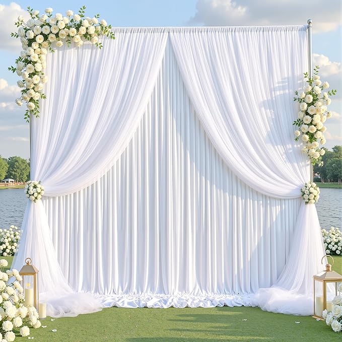 White Tulle Backdrop Curtain for Parties Wedding,5ft x 10ft Wrinkle Free Curtain Backdrop,2 Layer Drapes for Backdrop,Polyester Wedding Back Drop for Bridal Shower Birthday Baby Shower Photography