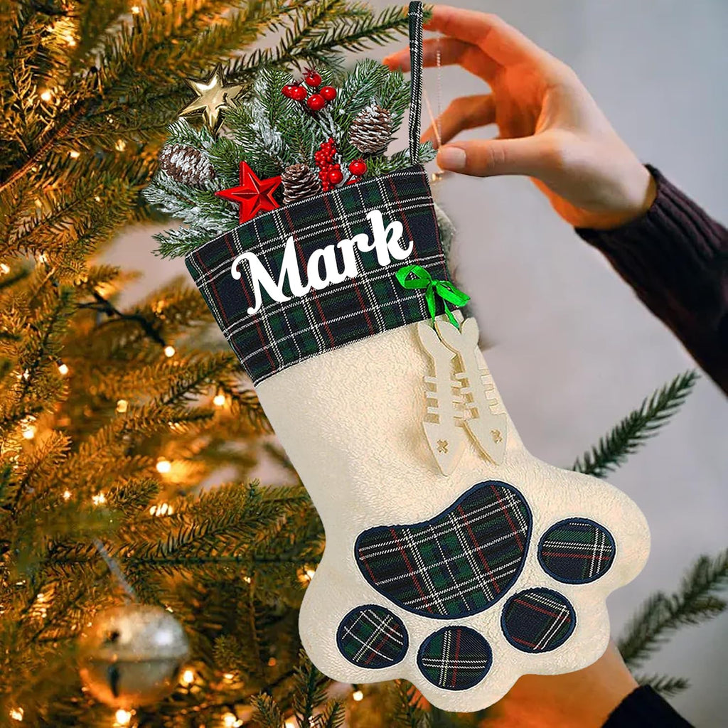 Personalized Dog Christmas Stocking, Custom Pet Paw Christmas Stocking with Name, Customized Xmas Stockings Plaid Cuff, Christmas Hanging Decor, Gifts for Dog, Cat, Pet, Kids, Family Set of 1