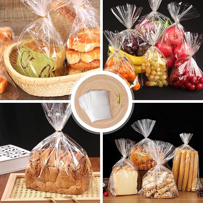 ZHEWTOEN 100 Pcs 7x10 Inch Clear Cellophane Bags with Color Twist Ties, Plastic Goodie Cello Treat Bags for Candy, Cookies, Popcorn, Small Gift Wrapping, Party Favors, Bakery Packaging