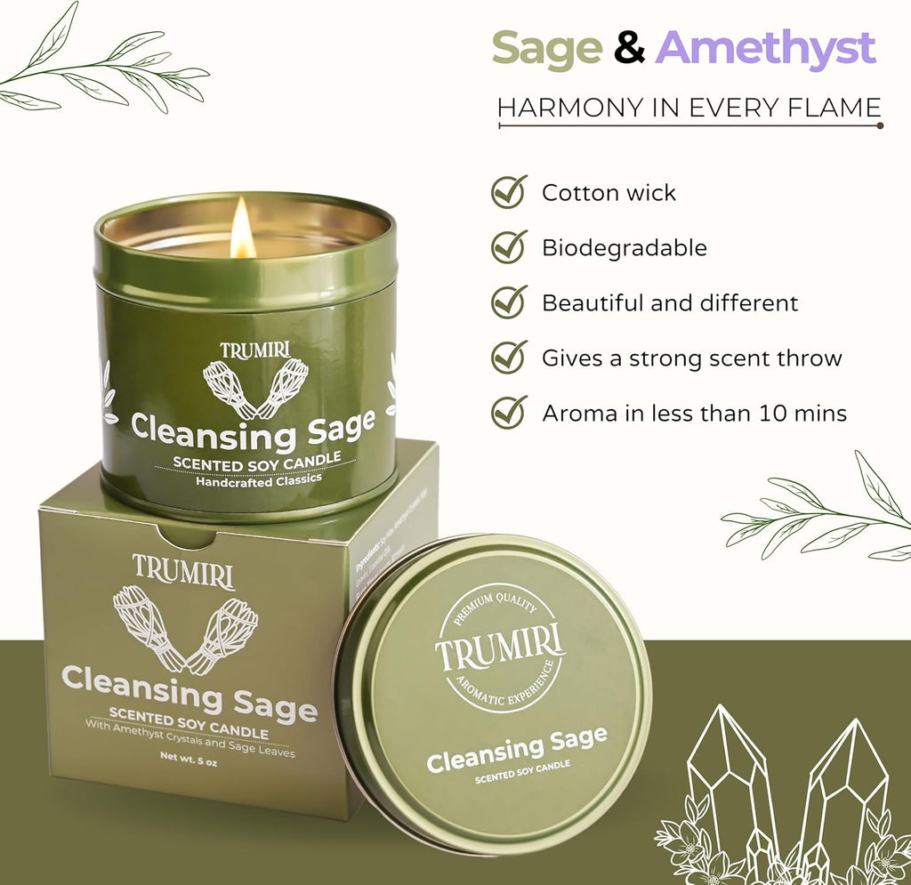 Sage Candle for Cleansing House Negative Energy Smudge Kit - 5oz Soy Wax Natural Clean Organic Non Toxic - Aromatherapy Spiritual Meditation Gifts - Long Lasting Highly Scented Candel with Crystals