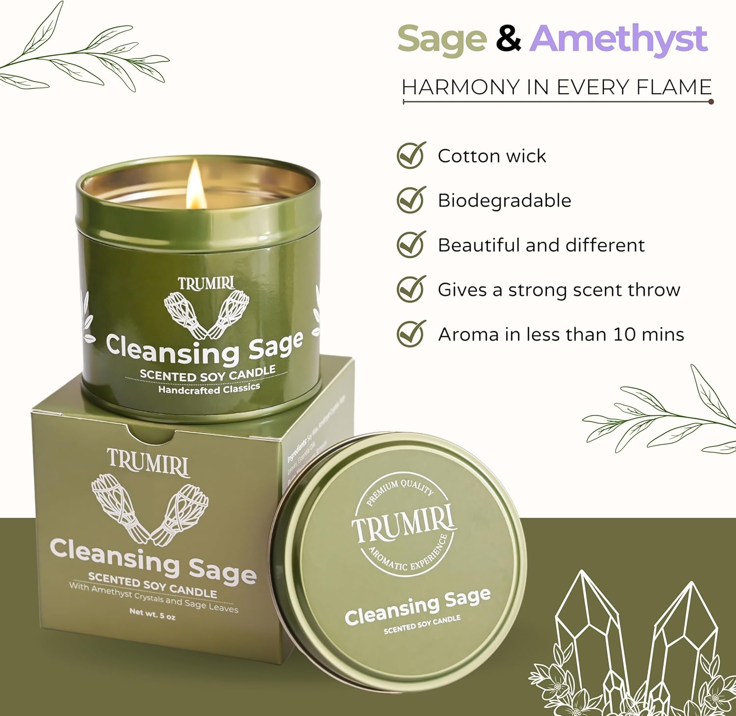 Sage Candle for Cleansing House Negative Energy Smudge Kit - 5oz Soy Wax Natural Clean Organic Non Toxic - Aromatherapy Spiritual Meditation Gifts - Long Lasting Highly Scented Candel with Crystals