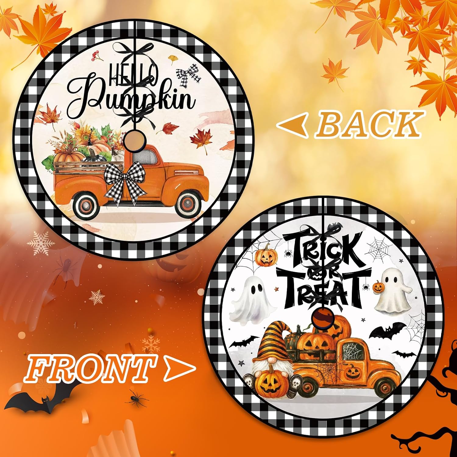 15 Inch Fall Tree Skirt Reversible Halloween Double Sided Print Mat Christmas Party Supplies for Funny Autumn Halloween Holiday Party Indoor Decoration Home Decor