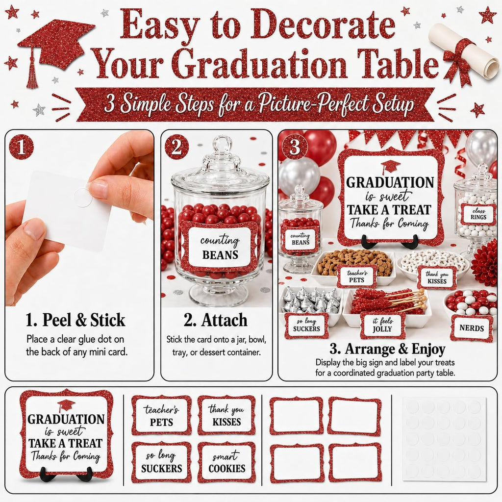 20PCS Graduation Candy Bar Sign, 1 Red Glitter Candy Buffet Table Sign with Stand, Catering Supplies Display for Graduation Decorations Class of 2026 -A04-2