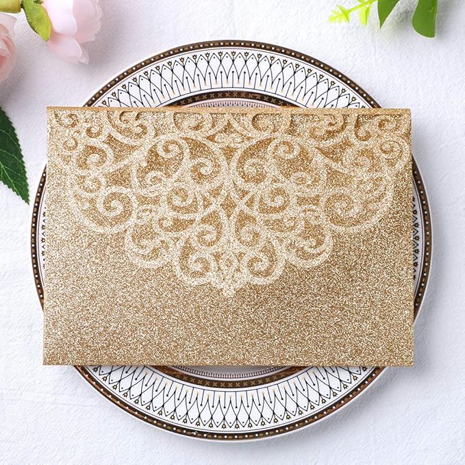 ponatia 5.12 x 7.2 Laser Cut Invitation Pocket, 20PCS Tri-Fold 5 x 7 Laser Cut Wedding Invitation Pockets with Envelopes for Wedding Bbay Shower Birthday Invite (Gold Glitter, No Inner Sheet)