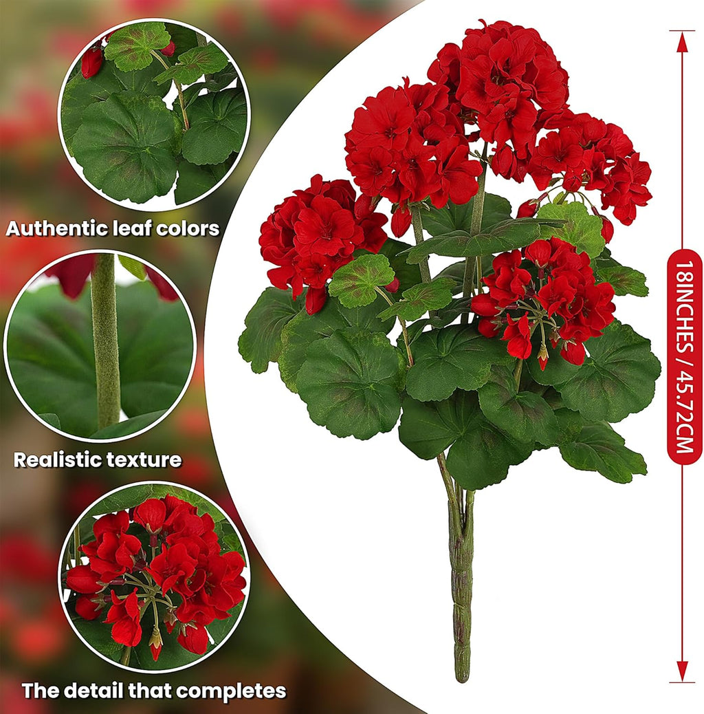FOREST PRINCE 2 PCS 18" Artificial Geraniums for Outdoors, UV Resistant Red Silk Flowers for Window Box Porch Patio Garden Decor, Waterproof Ruby Red