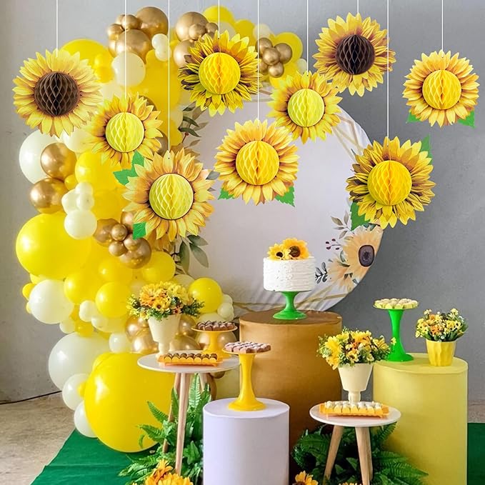 SUNBEAUTY 9 PCS 10 Inches Sunflower Decorations for Party 3D Large Honeycomb Hanging Paper Decorations Birthday Yellow Ceiling Wall Tissue Flowers Summer Fall Sunflower Farm Paper Flowers Decorations