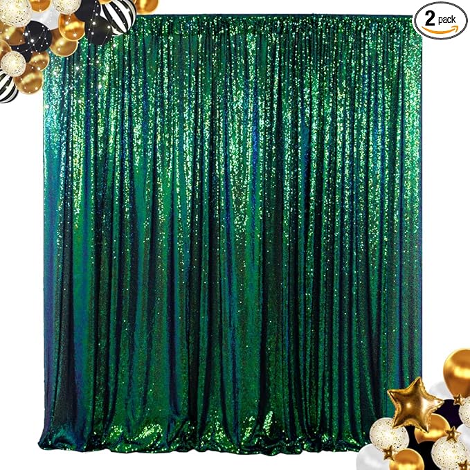 ShinyBeauty Sequin Backdrop Curtain Iridescent Green 2 Panels Sequin Bakdrop 4x8FT Shimmer Backdrop for Photograph Wedding Backdrop Drapes Iridescent Green Glitter Backdrop Curtain (Green Blue)