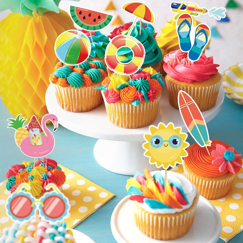 100 Pcs Summer Beach Cupcake Toppers for Kids Tropical Beach Pool Swimming Hawaii Theme Cake Insert Decorations for Summer Birthday Baby Shower Wedding Party Supplies