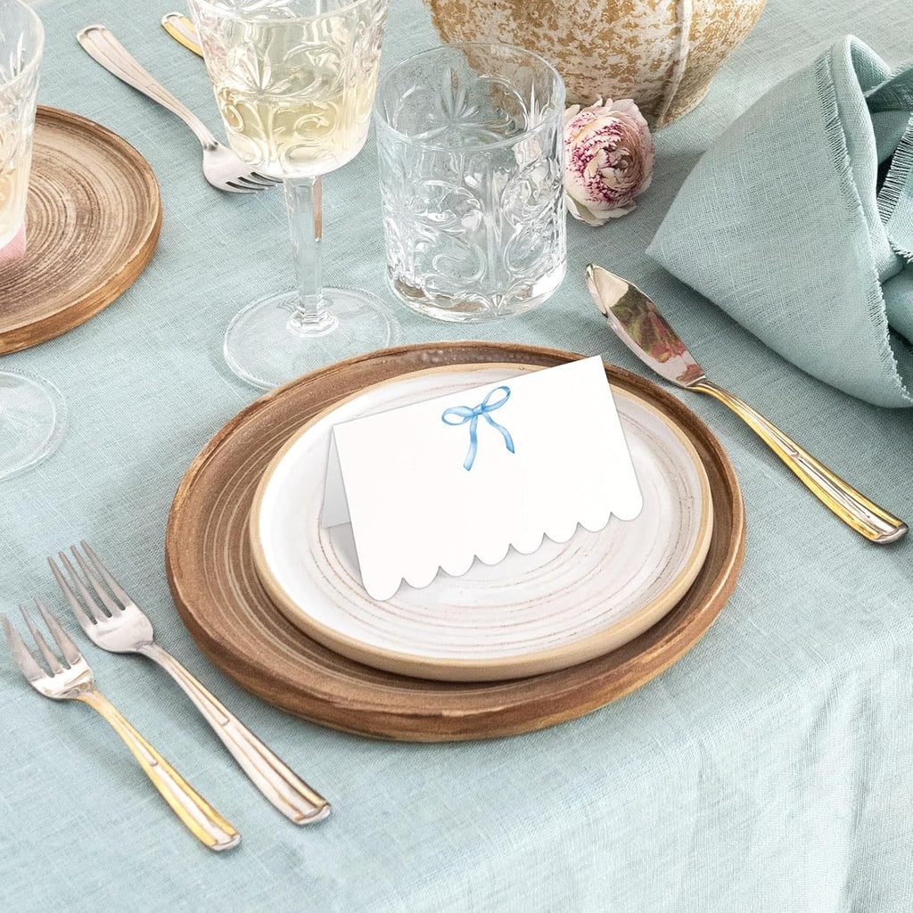 Whaline 80 Pcs Blue Bow Place Cards 8 Design Watercolor Bowknot Tented Name Cards 2 x 3.5 Inch Scalloped Blank Seat Assignment Labels for Party Table Setting Supplies