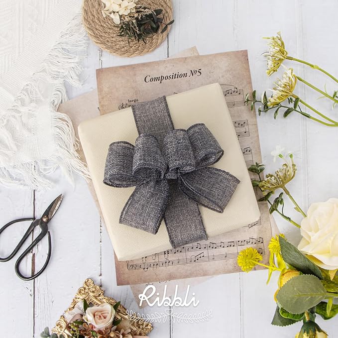 Ribbli Grey Burlap Wired Ribbon,1-1/2 Inch x 10 Yard,Gray,Solid Wired Edge Ribbon for Big Bow,Wreath,Tree Decoration,Outdoor Decoration