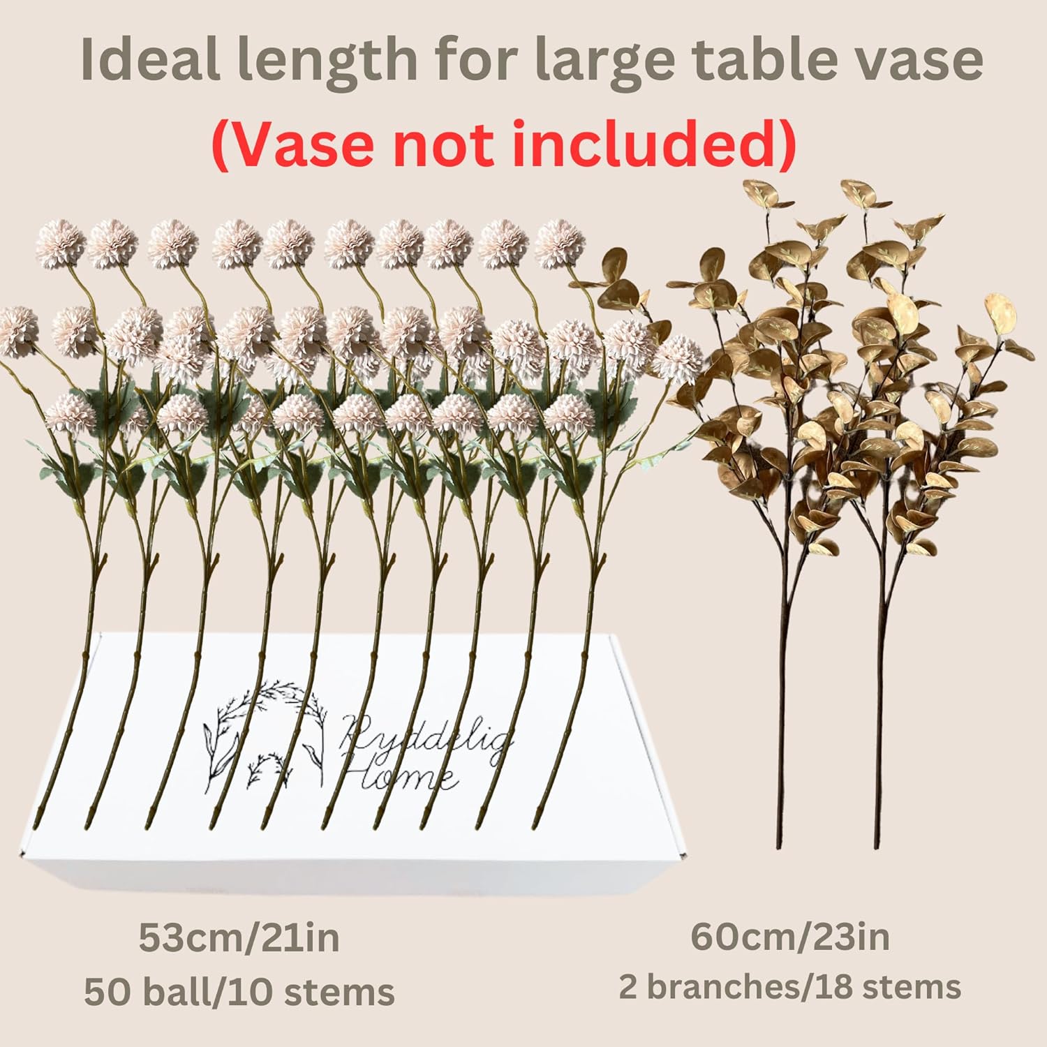 Artificial Flowers for Vase - Beige Silk Mums 10 Long Stems with Eucalyptus, Faux Flowers Home Decor, Neutral Tan Cream Floral Arrangement, Fake Chrysanthemum Pom Pom Stems, Summer Fall Centerpiece