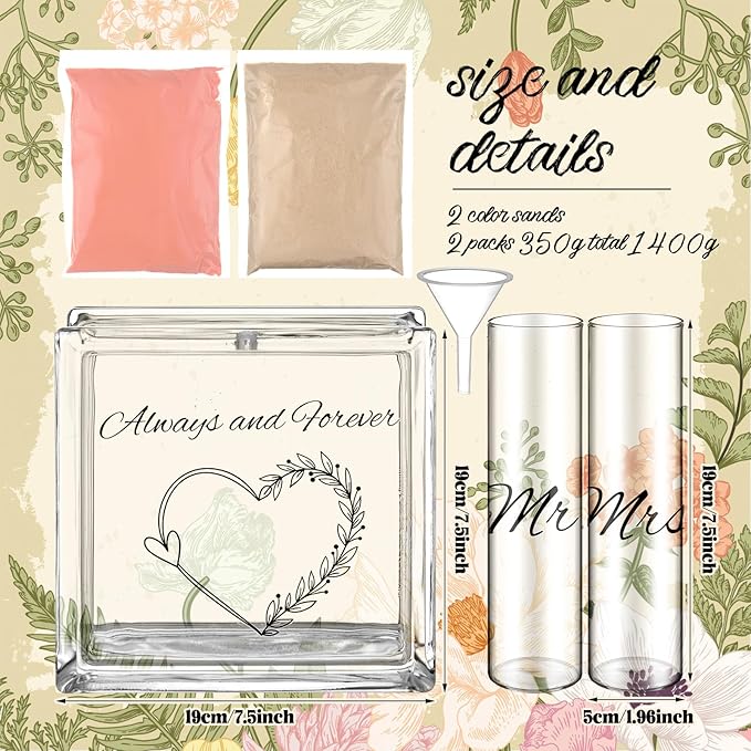 Wedding Unity Sand Set Include Vases Square Glass Jar Container 12 oz Sand for Blended Family Engagement Anniversary Bridal Party Outdoor Beach Decor(Light Colors,Heart)