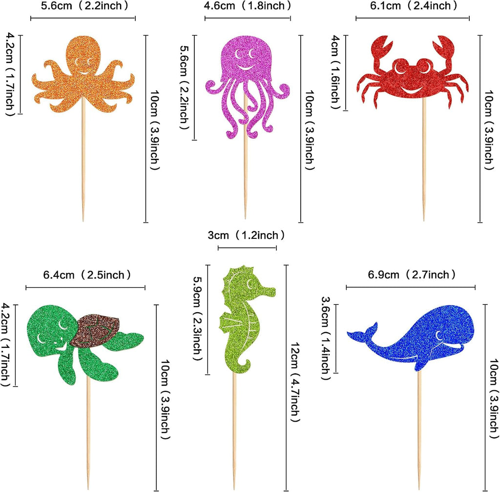 Ercadio 24 Pcs Marine animals Cupcake Toppers Picks Octopus Whale Sea Turtle Jellyfish Sea Horse Crab Cake Under the Sea Beach Cake Decoration Baby Shower Kids Birthday Party Supplies