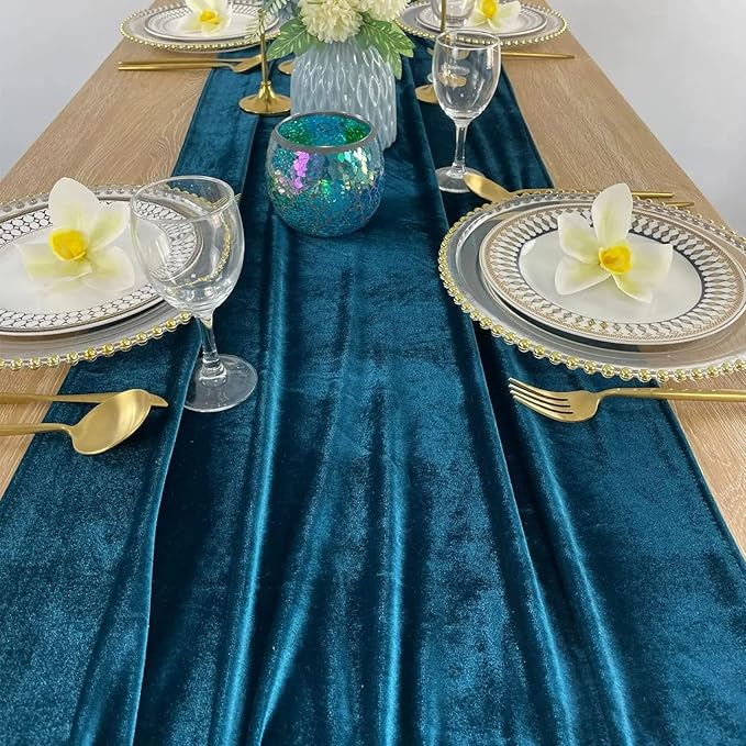 Luxurious Velvet Table Runner, 10ft Wedding Reception Decorations, 20x120inch Soft Velvet Fabric, Table Linen Overlay, Wedding Table Runners (Teal Blue, 20X120inch, 5pack)