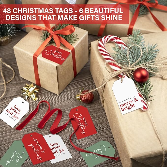 Elegant Christmas Gift Tags with String, 48 Premium Holiday Labels to Personalize Your Presents & Gift Bags, Christmas Tags for Xmas