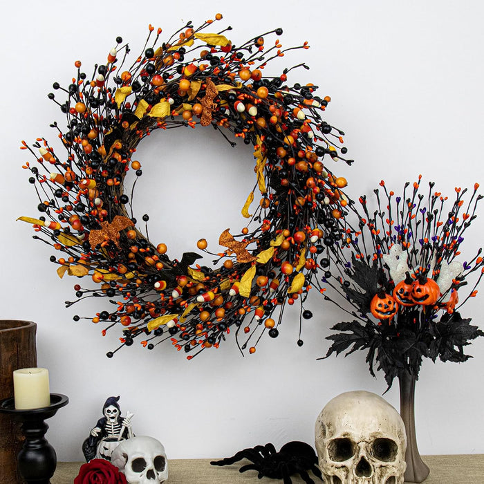 18 Inches Vintage Halloween Wreath Black Orange Berry Wreath Gothic Halloween Wreaths for Front Door with Glitter Bat for Window Wall Porch Holiday Hanging Decor