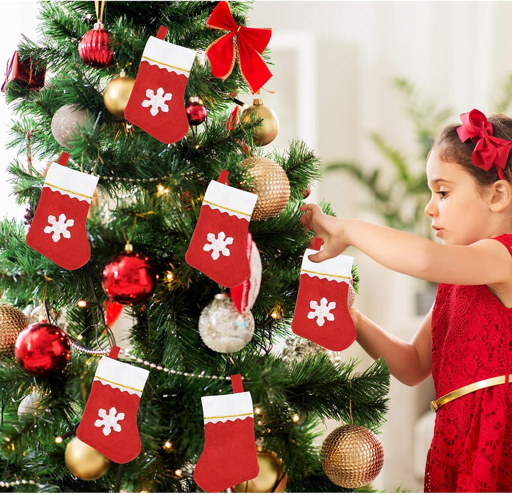 Jmkcoz 20 Pack Christmas Mini Stockings Sock Decoration Snowflake Tableware Holders, Red Felt Knife Spoon Fork Bag Candy Pouch Bag Plush Cuff Socking for Xmas Party Tree Dinner Table Home Ornaments