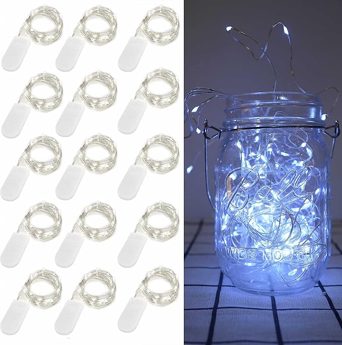 15 Pack Fairy Lights Battery Operated, 6.6ft 20 LED Mason Jar Lights Silver Wire Waterproof Firefly Mini Led String Lights for Table Party Wedding Centerpiece DIY Crafts Christmas Decor
