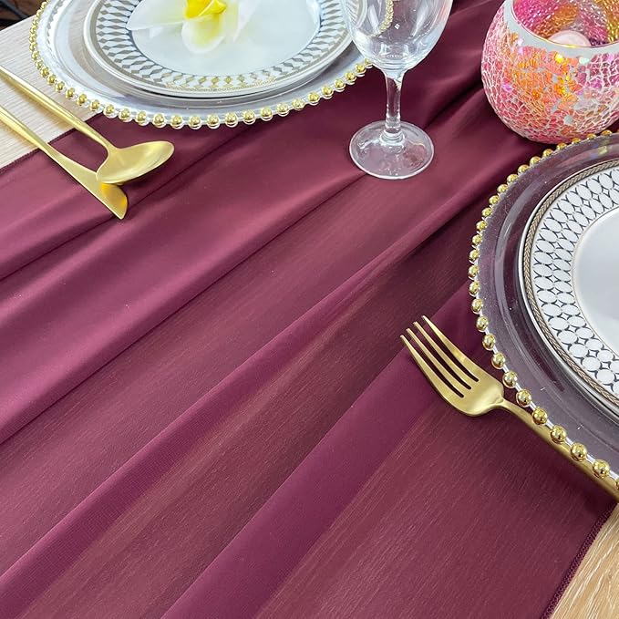 EHLDekol 10ft Chiffon Table Runners 29x120 inches Romantic Sheer Wedding Table Runner Top Table Bridal Party Decoration (Burgundy, 10ft)