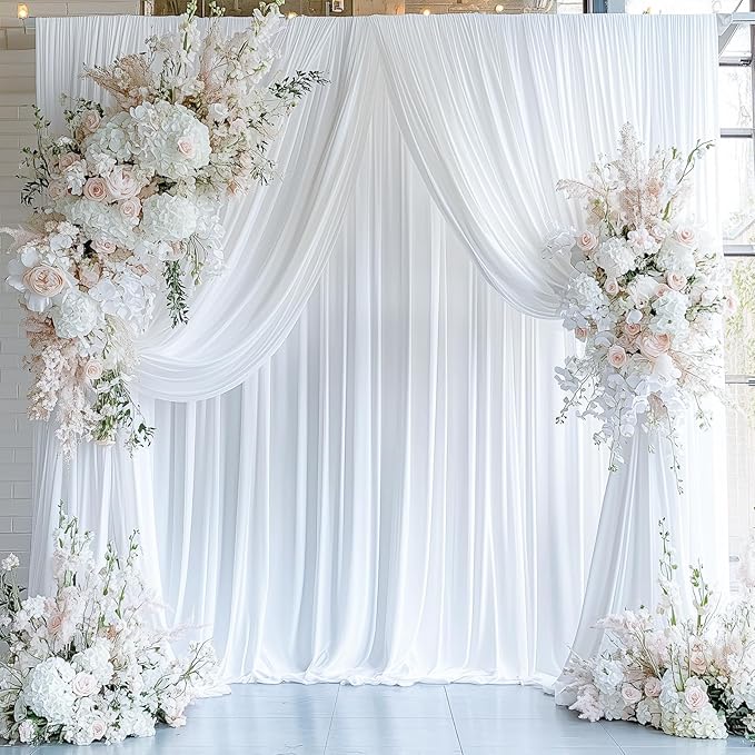 10ftx12ft Wrinkle Free White Backdrop Curtain, 8 Panels 12FT Height White Wedding Backdrop Drapes, Silky Polyester Back Drop Cloth for Birthday Photography Background Party Backdrop Draping