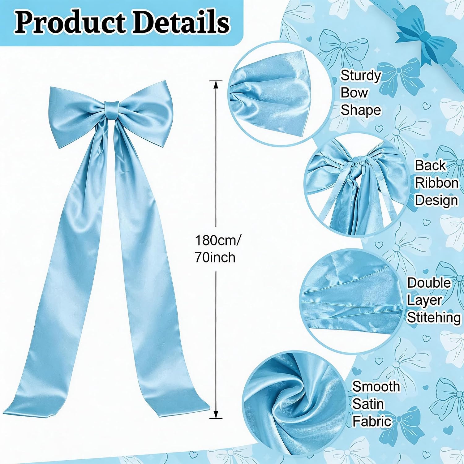 Extra Long Satin Blue Bow for Coquette Room Decor,70x20 Inch Bow Wall Decor for Valentine's Day Bachelorette Bridal Shower Wedding Birthday Decorations