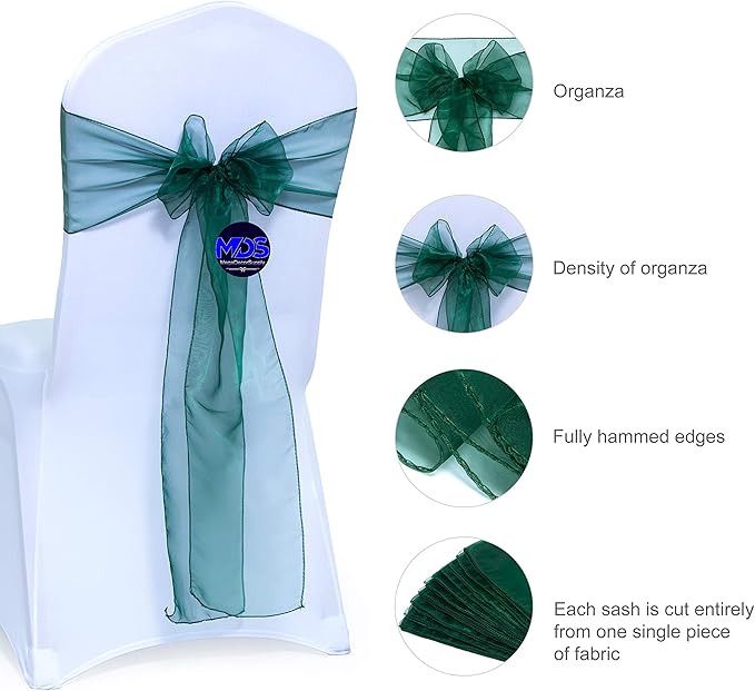 MDS Pack of 150 PCS Organza Chair Sashes Wider Dining Chair Bows Ribbon Tie Back for Wedding Party Birthday Bridal Shower Reception Event Banquet Home Chair Cover Decoration - Hunter Green
