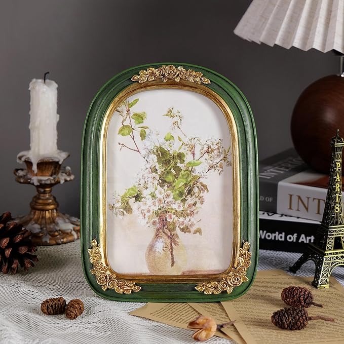 Cuspin Vintage 5x7 Picture Frame, Ornate Gold Green Arch Frames Resin Photo Frame with Glass Front for Tabletop or Wall Display, Antique Decorative Frame for Home Decor or Gift