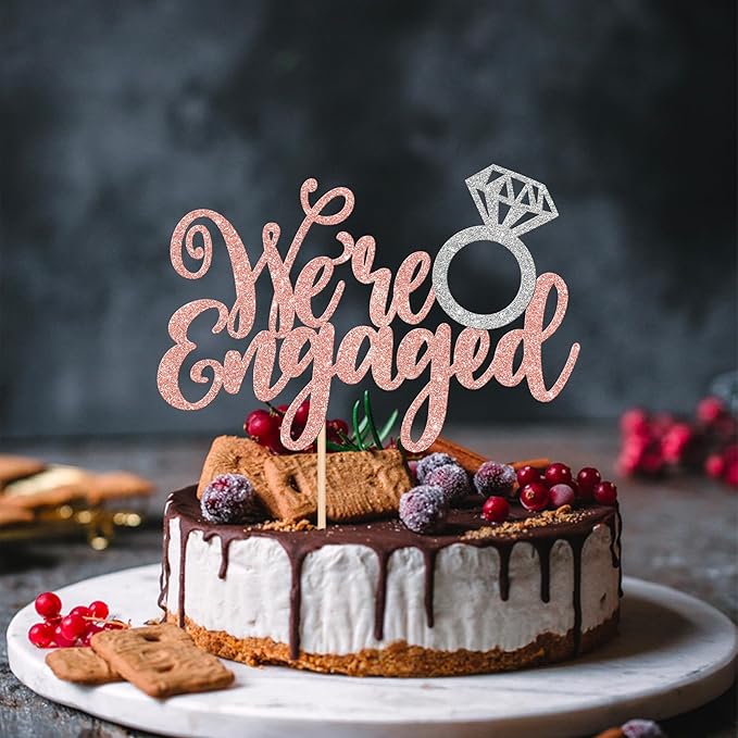 1 PCS We're Engaged Cake Topper Glitter Diamond Ring Wedding Engagement Cake Pick for Wedding Bridal Shower Theme Party Cake Decorations Supplies Gold