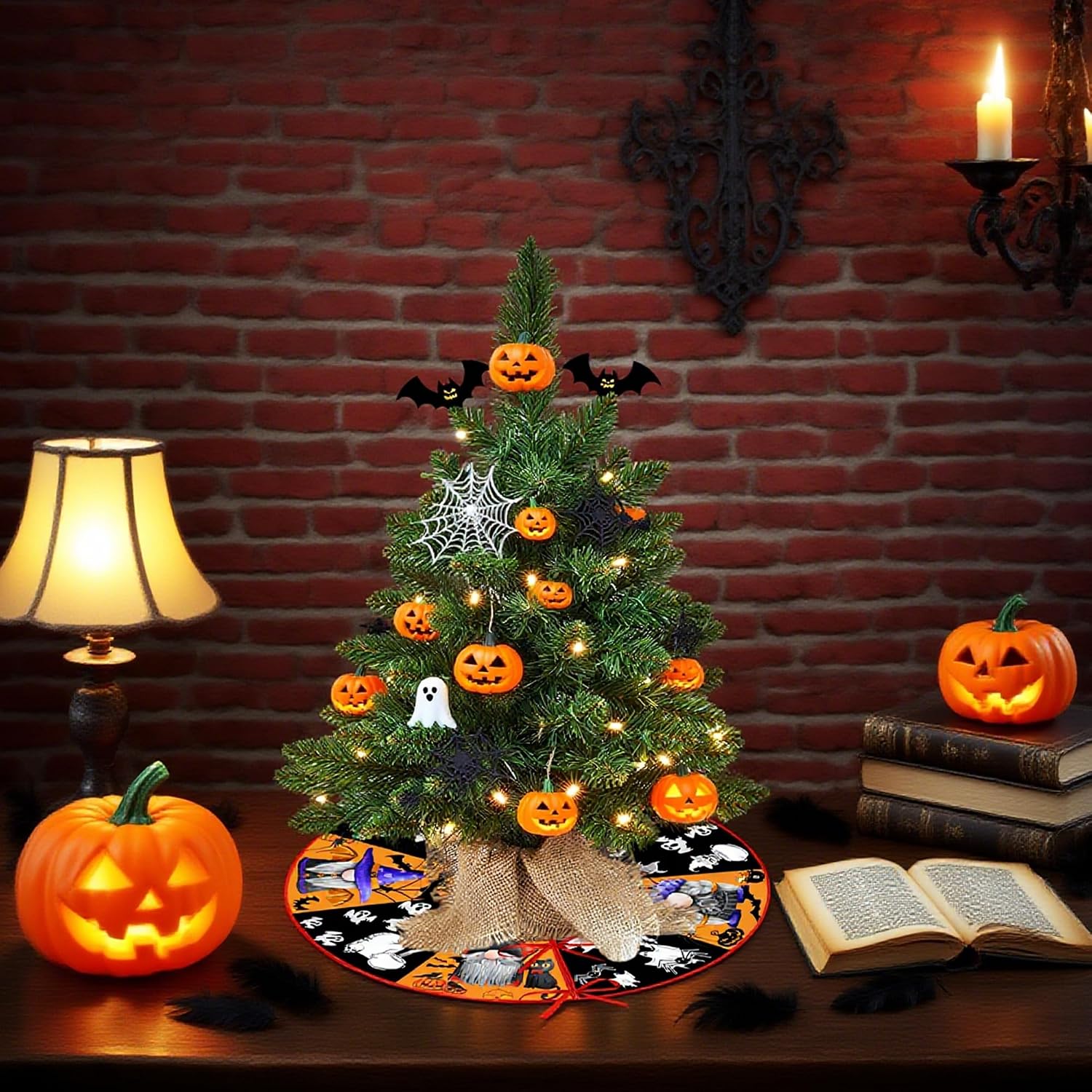 15 Inch Mini Halloween Tree Skirt Fall Thanksgiving Day Tree Skirt Small Reversible Double Sided Print Mat Holiday Party Supplies for Home Tabletop Christmas Tree Decoration