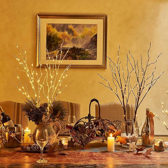 BAOLITVINE Lighted Willow Branches with Timer Battery Operated 100 LED Fairy Lights, Brown Twig Branches 32IN for Home Bedroom Fireplace Christmas Decoration Inside Outdoor
