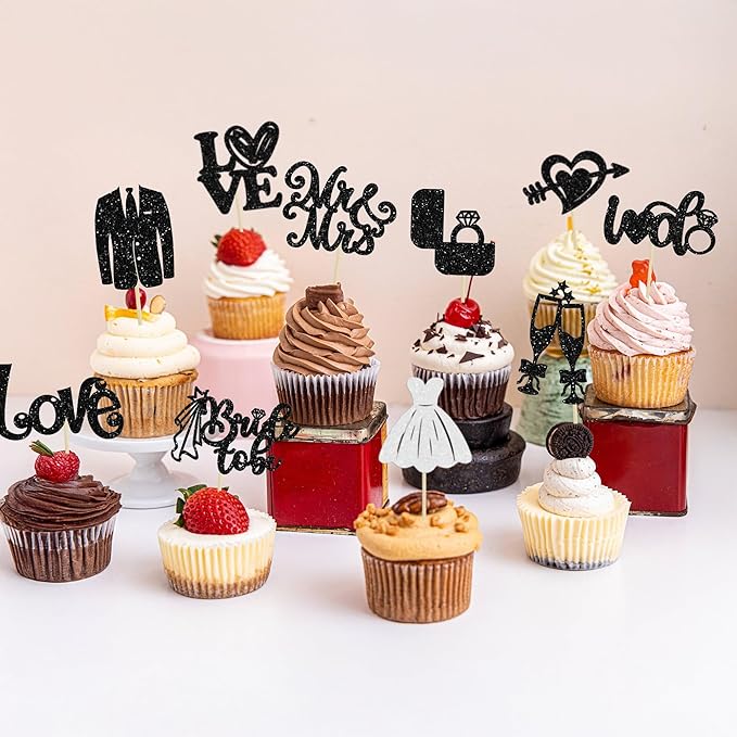 Ephlyn 30Pcs Bride to be Cupcake Toppers Glitter Wedding Cake Topper Decorations I Do Love Heart Ring Cupcake Picks for Bridal Shower Wedding Engagement Party Supplies Black