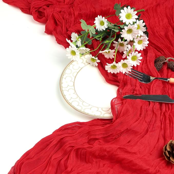 6 Pack Red Cheesecloth Fall Table Runner 10ft Boho Gauze Fabric Cheese Cloth Thanksgiving Christmas Table Runner 35 x 120 Inch Rustic Sheer for Wedding Decor Bridal Shower Party Centerpiece Decoration