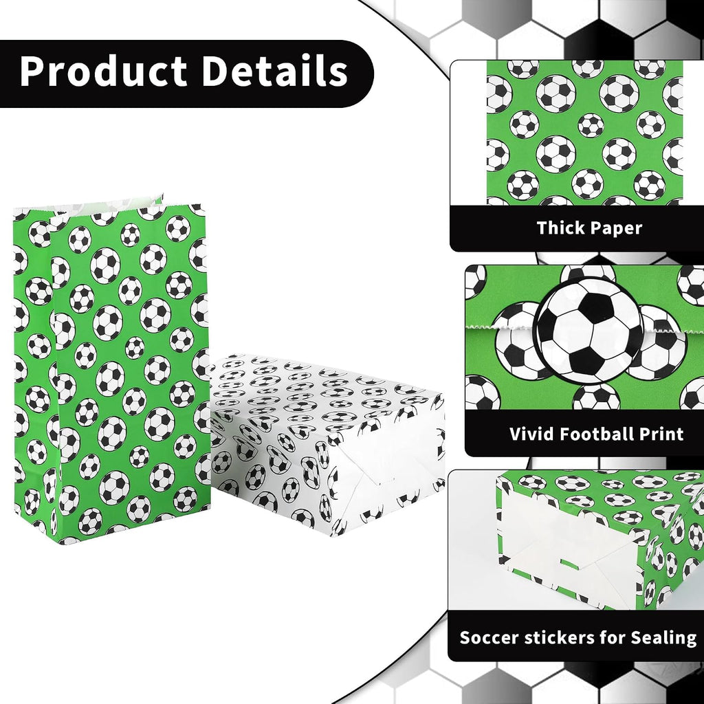 MIMIND 24 Pack Soccer Party Favor Paper Bags White Green Soccer Snack Bags with Stickers Birthday Goodie Treat Bags for Soccer Themed Decorations Games Sports Party Supplies