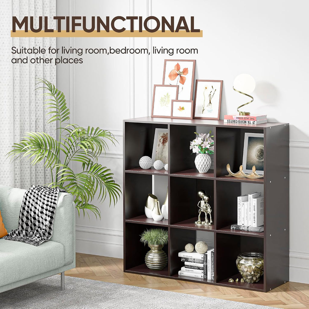 zenstyle 9 cube storage shelf organizer, wooden bookshelf showing dimensions